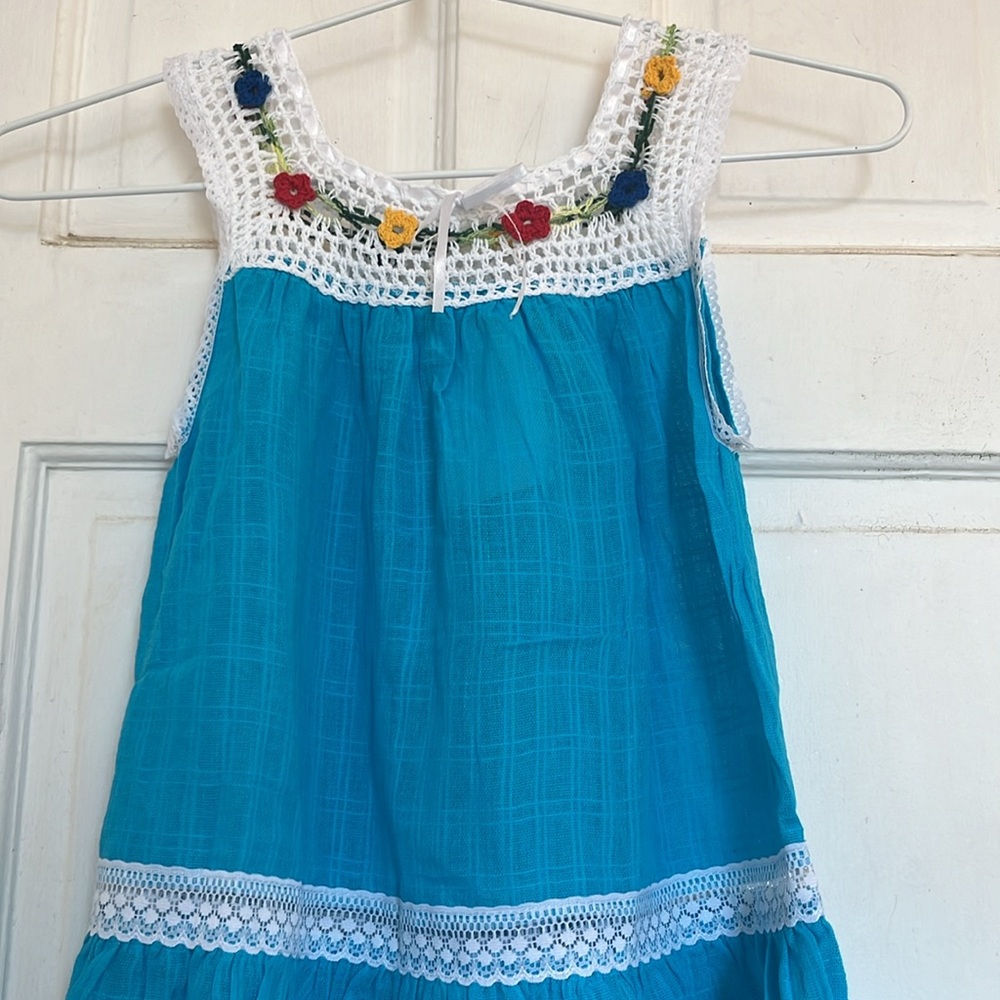 NWT Little Cotton Dress girls’ blue and white crochet dress in size 4T